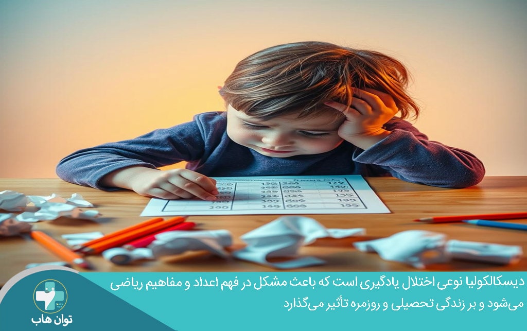 کودک ناامید مبتلا به اختلال یادگیری ریاضی در حال تقلا با تکالیف ریاضی